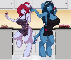 A commission for anios25 of his draebabe Anios and lavitzdragon‘s ThaliahJust a couple of gal pals making cupcakes in nothing but their cute apronsClothed version