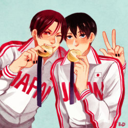 buttleronduty:  Things that make me happy. Rin’s short hair and Haru’s tiny mouth. Sousuke’s still getting his metal arm. He’ll be back in 2020. *edited cause i was stupid enough to draw the rising sun flag. i’m really sorry for that, i don’t