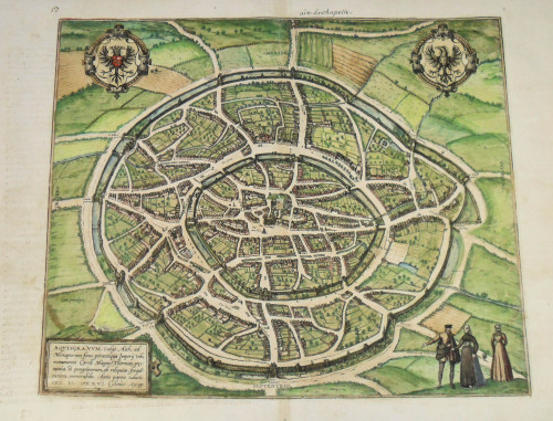 This map from 1576 shows Aachen, Germany, a city near the border of Belgium and the Netherlands. It 