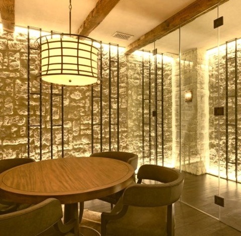 Enclosed Dining RoomMid-sized Transitional Dark Wood Floor And Exposed Beam Enclosed Dining Room Photo