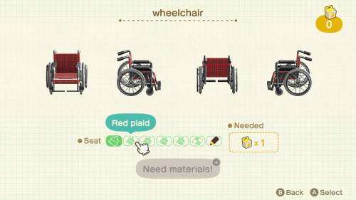 Item: wheelchair# of customizations: 6Customization names: blue, red plaid, green plaid, beige, colo