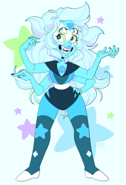 ghoulkiss:  i wanted to draw a fan fusion design between amethyst and peridot!! so here is turquoise. she is a smol, excited fusion ✨        