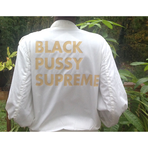 makedalewis: BLACK PUSSY SUPREME printed in ochre on an all white vintage members only jacket. one o