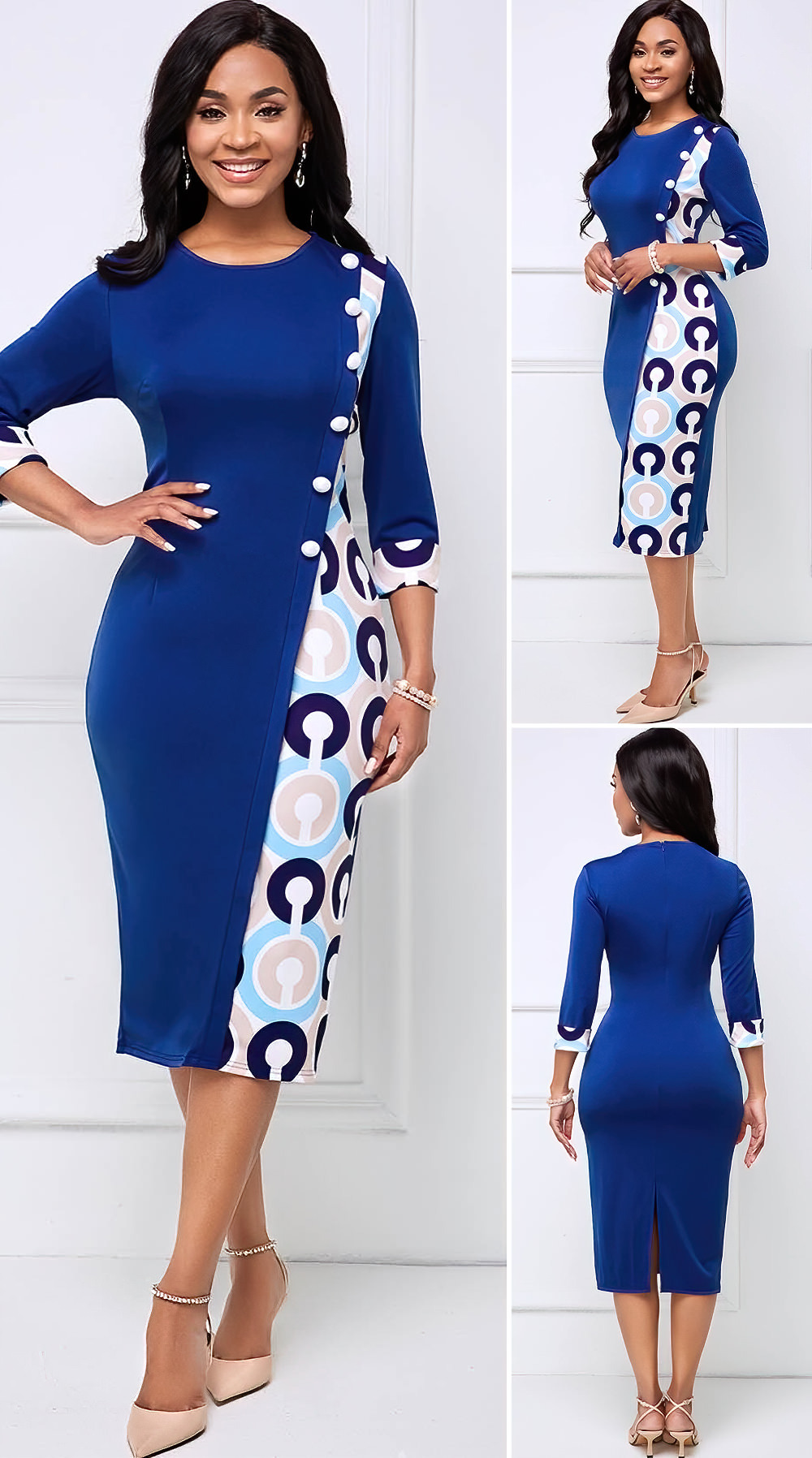 Geometric Print Button Detail Bodycon Dress - Matricaria Chamomilla