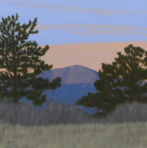 Palmer Park SunriseAcrylic on canvas 8x8". Charles Morgenstern, 2022. The sun rises on Pikes Pe