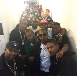 aintnojigga:  The Roc is in the building!Jay-Z, OG Juan, Beanie Sigel, Neef, Freeway, Jay Electronica, Young Chris, Just Blaze, Emory Jones, and Young Guru backstage after the first TiDAL x B-Sides show at Terminal 5 in New York.