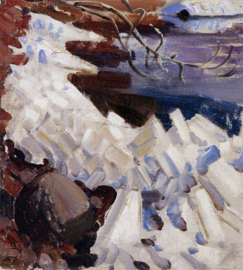 the-paintrist:  elpasha71:  Akseli Gallen-Kallela - Ice Breaking on the Shores of Kalela - 1916  Akseli Gallen-Kallela (26 April 1865 – 7 March 1931) was a Swedish-speaking Finnish painter who is best known for his illustrations of the Kalevala, the