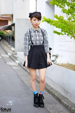 tokyo-fashion:  16-year-old Harajuku student Yuka wearing a cat ears beanie, H&amp;M suspender skirt, a gingham shirt by the Japanese brand Vanquish, and Topshop ankle boots.