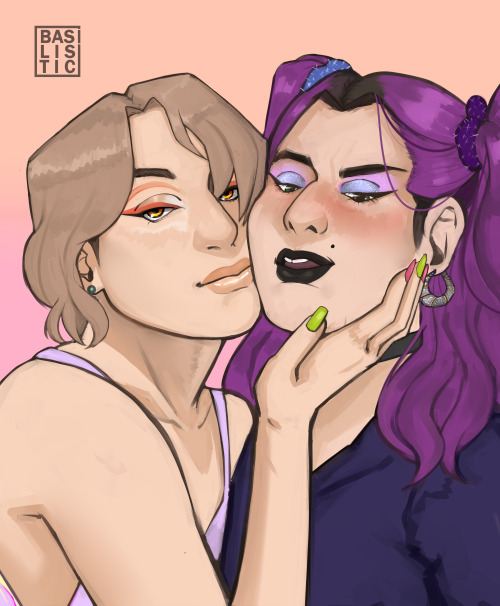 self-indulgent Asmo and Mc drawing but with makeup looks i’ve used(mc - they/them)