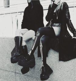 pleaserusa:  Friends that slay together stay together 👯⚔️. @sydriansenri &amp; @djavo.nosi.prandu slaying us to filth in this ultra moody twinning photo featuring #Demonia Ranger-302 knee high lace-up boot in #VeganLeather and Stomp-08 wedge platform