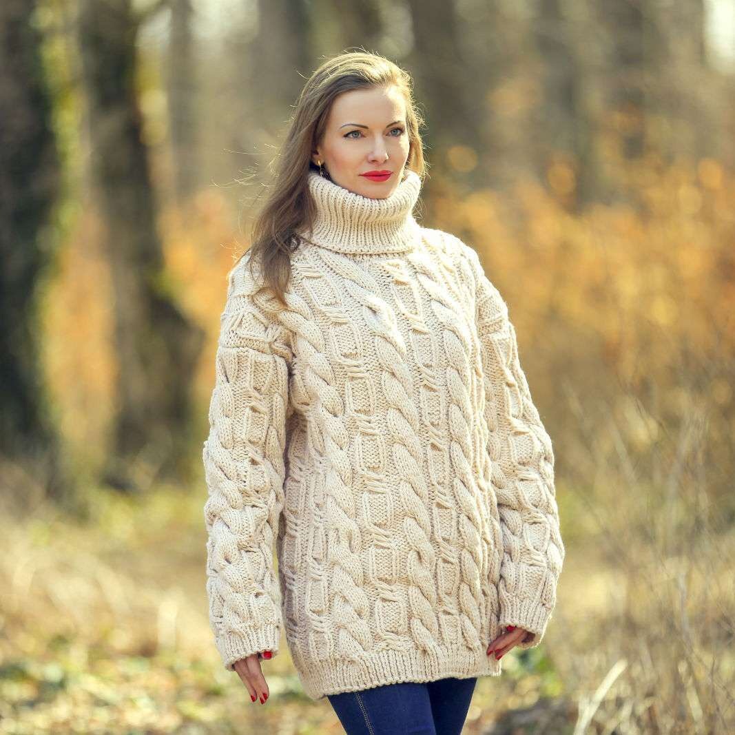 SuperTanya beige cable turtleneck sweater