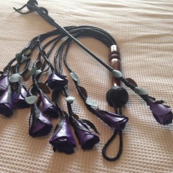 bdsmbeautifullybound:  Excitement overload here right now. Purple rose flogger and crop are here and are AMAZING. These are real leather, not PU leather. Hand made smell soooo good.  These are photographed on our bed, proper pics coming soon. 