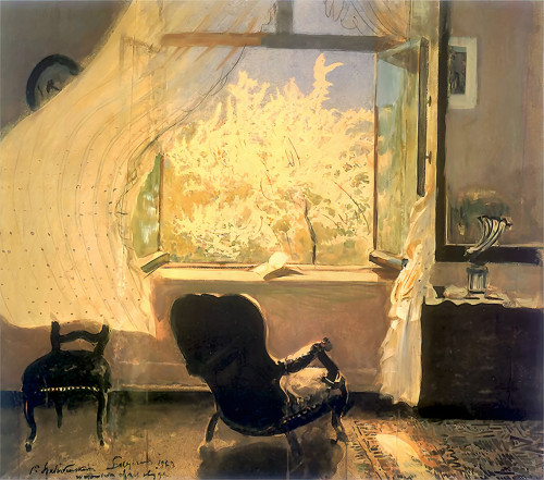 ardentlytrans:jnjo:spring, 1931[ID: a painting with a tall backed chair facing an open window. Golde