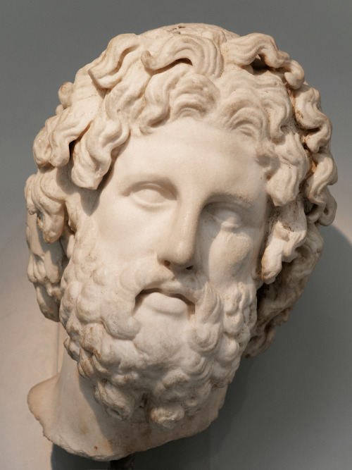 Colossal head of the god Asclepius, made of Parian marble.  The head originally bore a metal cr