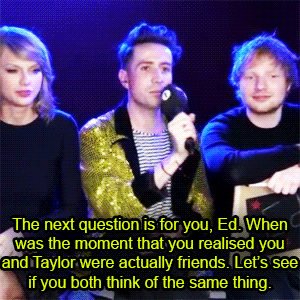 shipping-sweeran:taylorandswifts:Ed and Taylor playing ‘Eds and Tayls’ on The