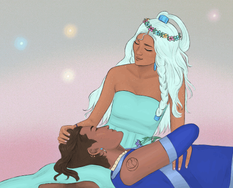 animated drawing of sokka lying back with his head on yue's lap as she smiles down at him and runs her fingers through his hair. lights twinkle in the background as her crown of flowers changes color.