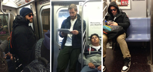dailygyllenhaals:Jake Gyllenhaal riding the subway“Today I witnessed Jake Gyllenhaal drop his bagel 