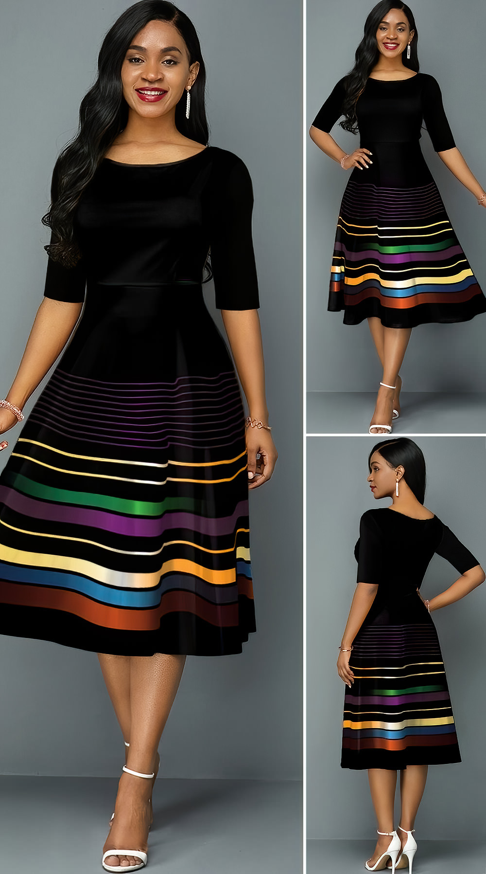 Rainbow Stripe Round Neck A Line Dress - Vika Star