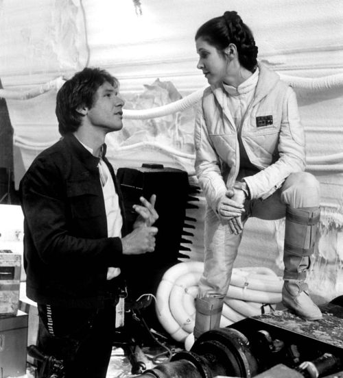thestarwarsarchives:Harrison Ford and Carrie Fisher on the set of the rebel headquarters on Hoth - T