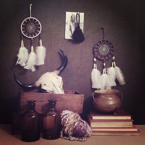 Loving this. Dreamcatchers, Cow Skull, Hardwood Sewing Drawers and Apothecary Bottles all online. Ha