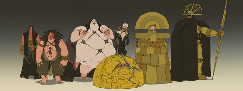 qsy-draws-a-lot: dunequotes:  Concept Art Imagines DUNE as an Animated Film by Matt Rhodes (Source) Top - The Atreides Middle - The Harkonnen with The Emperor and his Sardaukar Bottom - The Fremen  That emperor is Klimtastic. 