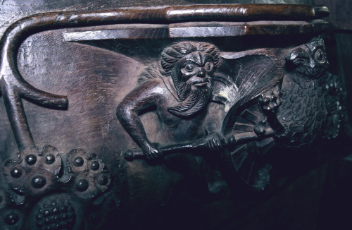 A demon carries off a helpless villager and Woodwose battles a Griffon. Misericords at St Mary &
