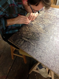 cubebreaker:Artists Paul Roden and Valerie Lueth of the Tugboat Printshop spent 2 years meticulously carving this woodcut forest landscape. 