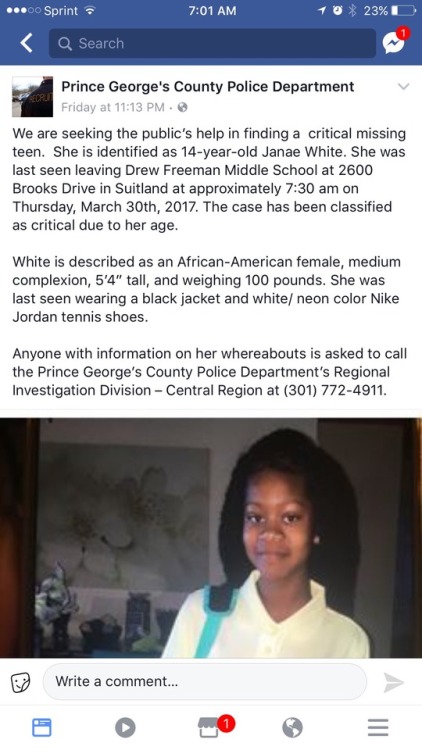 the-afro-argonaut: Another missing black girl  #FindOurGirls   D.C./PG County area has become so dangerous for our little girls, I’m sick of it.