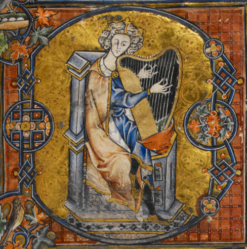 jeannepompadour:  King David playing the harp; from the Alphonso Psalter. Unknown Miniaturist, Engli