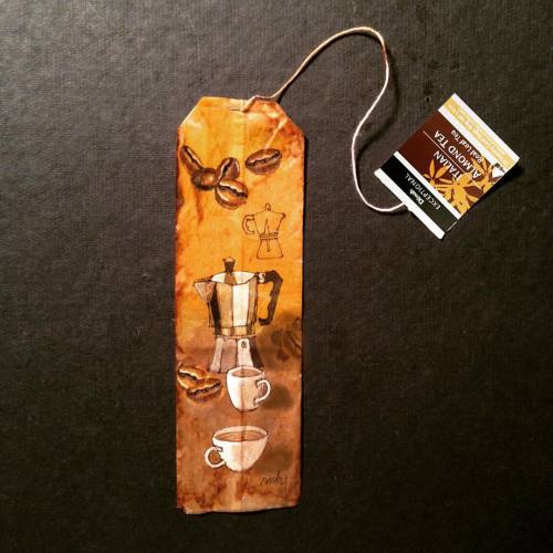 363 days of tea. Day 242. #coffee on a #teabag #recycled #tea #art #bialetti #espresso #beans #cappu