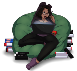 A commission for my cutie patootie bb @tentacleyumyum of her being adorable in her bear hoodie nomming on some Pocky and gaming it up &lt;3With really lazily done manga books I’m so sorry