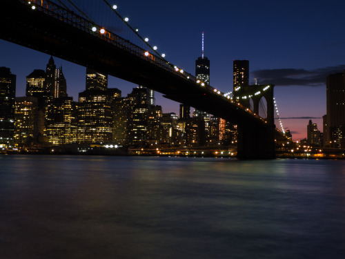 Lower Manhattan after sunset taken from Brooklyn Bridge Park, DUMBO.