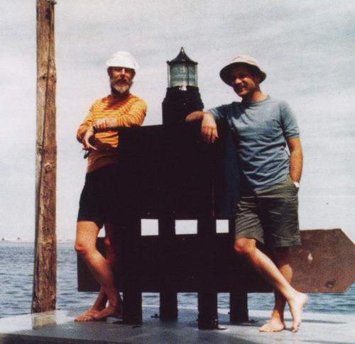 beardbriarandrose:  Edward Gorey (left) and Peter Neumeyer on the buoy in Barnstable Harbor. (Photo 