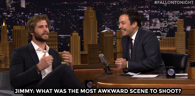 fallontonight:  Liam Hemsworth weighs in on his Mockingjay kissing scenes with J-Law!