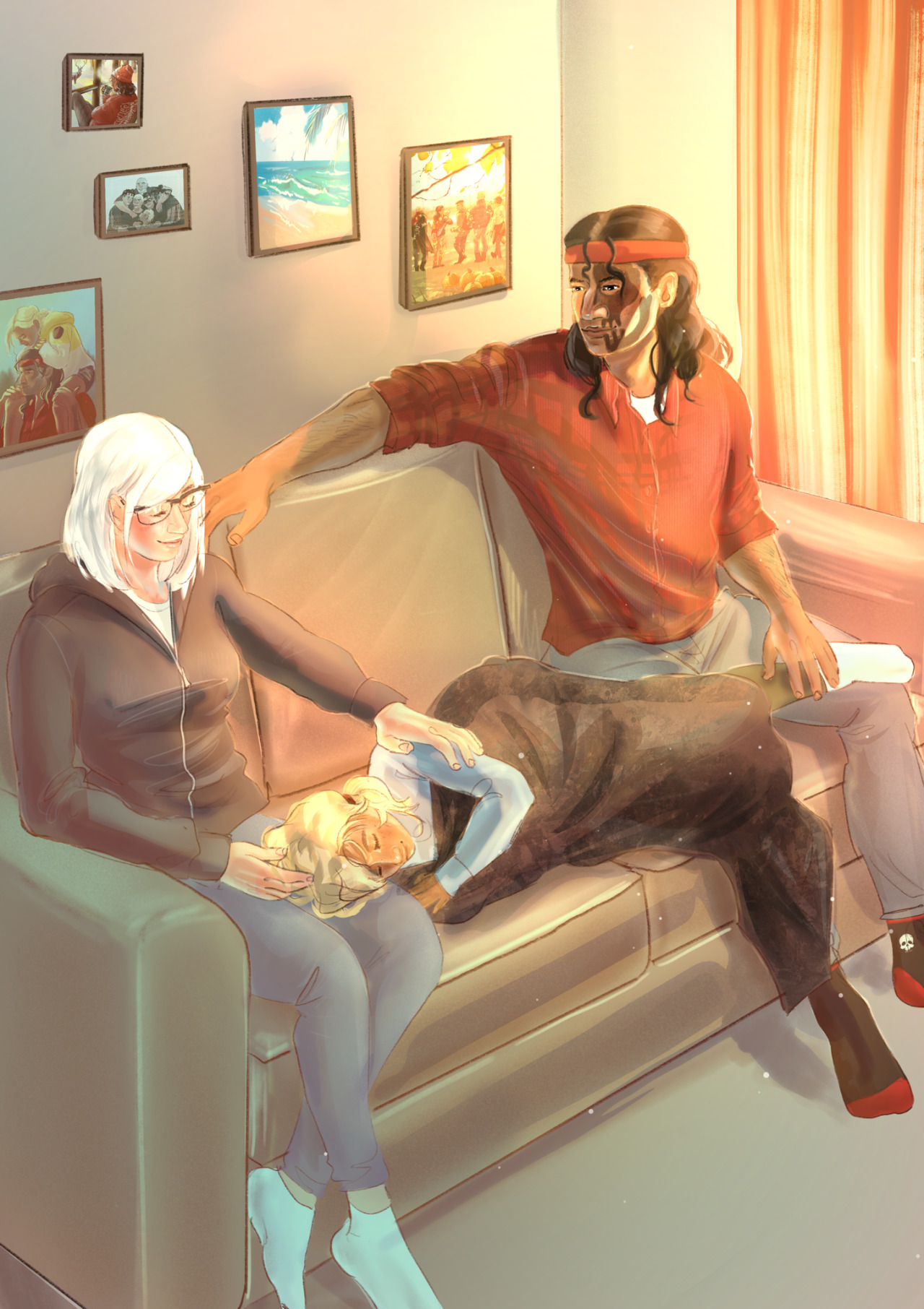 Art commission by Tumblr user @pinkiemme for @clonethirstingisreal. A digital drawing of a scene from Hunter and the Librarian. Hunter is sitting on the end of the sofa at the right side of the drawing, while Wren is sitting at the opposite end. Omega is lying on the couch between them with her head on Wren's lap and her feet on Hunter's lap. She's covered with a blanket and her eyes are closed as if she's sleeping. Wren is looking down at Omega with her hand on Omega's shoulder. She has a slight smile on her face. Hunter has his right arm stretched out on the back of the sofa, and he is looking at Wren with a soft look on his face. Wren has white shoulder-length hair, wears glasses, and has a slight blush on her cheeks. There are family photos on the wall behind the sofa, and they are past Bad Batch drawings done by Emme. There is a window to the right of Hunter, and it looks like there is sun shining in through the curtains, giving the scene a soft warm look. Wren is wearing a white T-shirt under a black zip-up hoodie and blue jeans. Hunter is wearing a red plaid flannel shirt with the sleeves rolled up to his elbows, blue jeans, black and red socks with the CF99 skull logo, and his trademark red bandana.