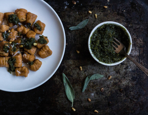 Sweet potato gnocchi with walnut sage pesto and toasted pine nuts