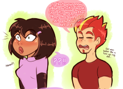 princesscallyie:    Here’s a cute lil bonus comic to my latest pic. Hotstreak reacts to Madelyn’s new outfit, he likes it and thinks it’s a 1000 times better than her old one, but Maddie thinks he’s dissing her. I’m calling this ship MadHot