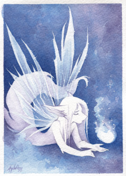 arphalia:  Willow India ink (blue, violet and some white) brushed with water on watercolor paper. The original is about 5x7 inches. Wanted to get some practice in with the inks for doing more transparent subject matter and Brian Froud-like faerie wings
