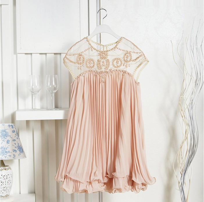 romwe:  Beaded Pleated Layered Apricot Dress Romwe provide you best women clothes,
