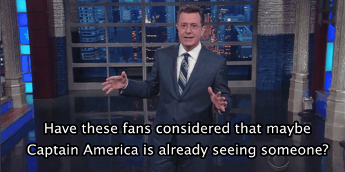 tvwatercooler:Stephen Colbert reacts to #GiveCaptainAmericaABoyfriendStephen/Steven…how the h