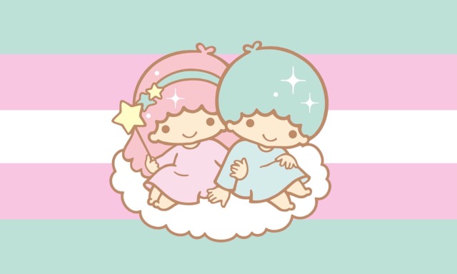 An image of a colour picked trans pride flag matching Kiki and Lala’s pastel colour palette. It has an image of Kiki and Lala overlaid on it, sitting on a cloud and dressed in pink and blue. 