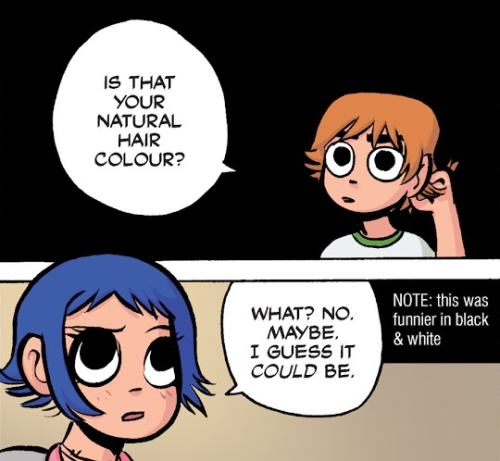 I like how this Scott Pilgrim volume 3 book translated the “note box” meta joke from black & whi