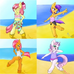 The whole beach set.  Actually finished something from start to finish.  Began as goofin off with style and grew into something I had fun completing. Individual pics- Babs Applebloom Scoots Sweetie Belle