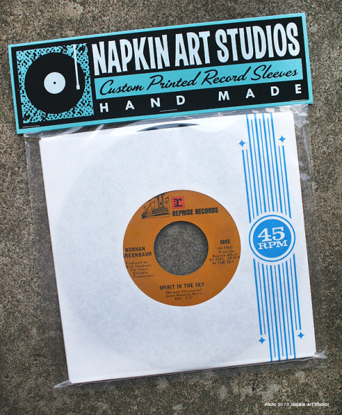 napkinartstudios:  New custom retro/vintage style 45rpm record sleeves now available in our Etsy shop! Each pack contains 10 hand printed record sleeves with a vintage 45 record (inserted randomly). A great way to start a collection, or to spruce up your