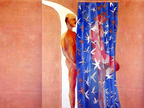 Two men in a shower, David Hockney