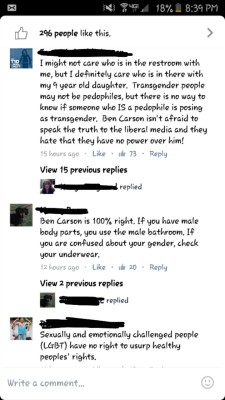 cispeopletexting:  Top comments to a video of Ben Carson discussing the  “need” for transgender restrooms.   with the pedo thing, same goes for cis people&hellip; (as in one of them could be a pedo tbhhhhh, also 95% of pedophiles who have been found