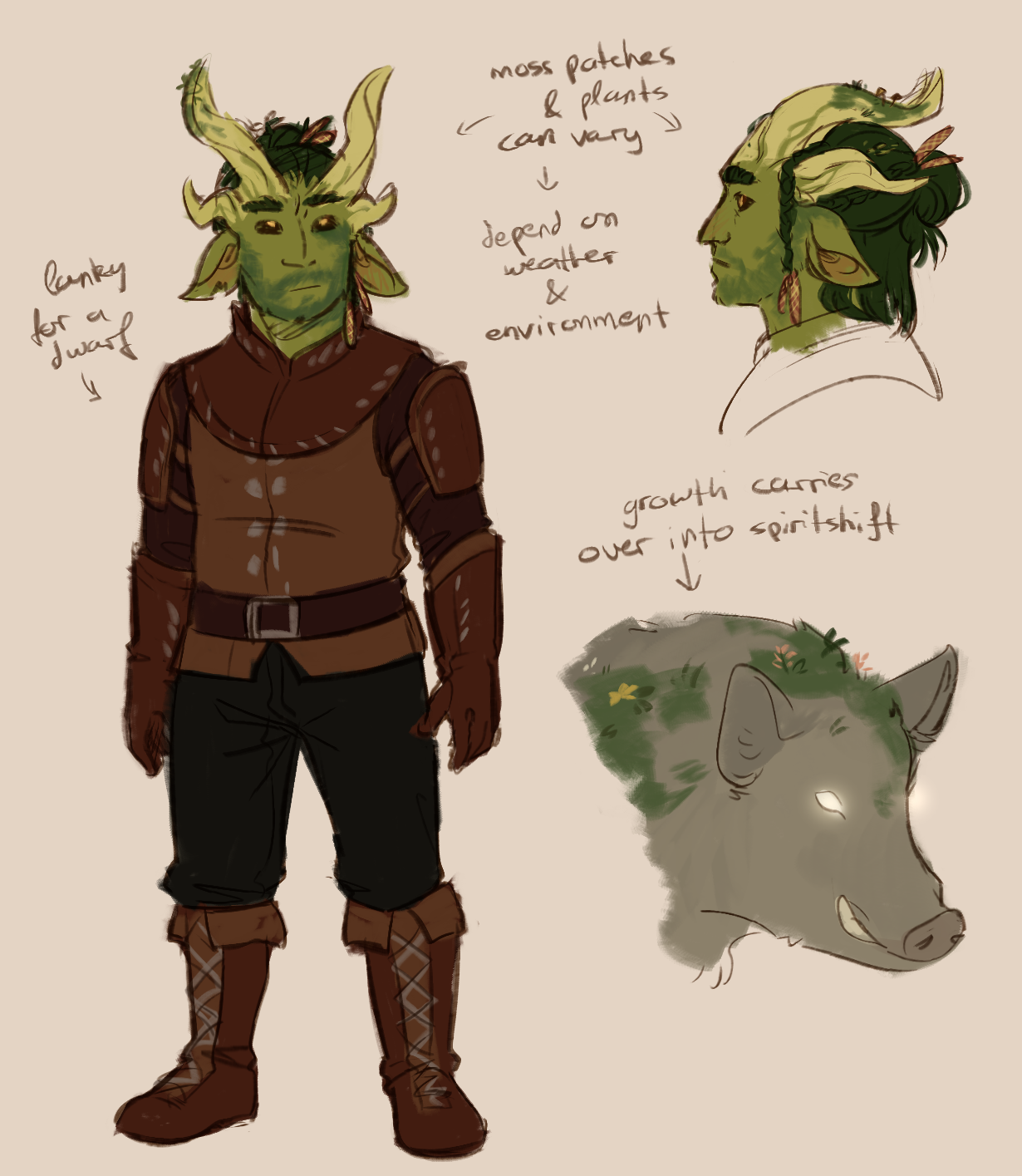 A coloured doodle/pseudo reference sheet of Alder, a dwarven Nature Godlike Watcher, consisting of a fullbody, a profile, and a headshot of his spiritshift, with a few notes.  The fullbody shows him standing in a neutral pose mostly from the front. Alder has green skin and hair, two pairs of horns, floppy faun-like ears, and eyes with dark scleras and glowing irises. He has stubble that resembles moss, as well as patches of moss and small plants growing on his horns, face, and hair. He is wearing simple reddish-brown leather armour.  The profile headshot shows off his downturned nose, and his hair, which is straight, shoulder-length, and partially done up into a bun. Additionally it is interspersed with small braids and woven-in alder flowers.  The boar is mostly plain grey with glowing yellow eyes, and has patches of moss and small plants growing on it as well.  The various notes read: "lanky for a dwarf" "moss patches and plants can very" with an arrow to "depend on weather and environment" "growth carries over into spiritshift"