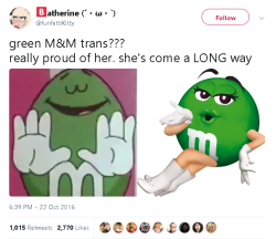 universe-punk:  0nighthawk0:  gahdamnpunk: Reblog to make a transphobe uncomfortable eating M&amp;M’s They did the same with the Brown M&amp;M Clearly they’re together too, two happy Trans Women Lesbians.   