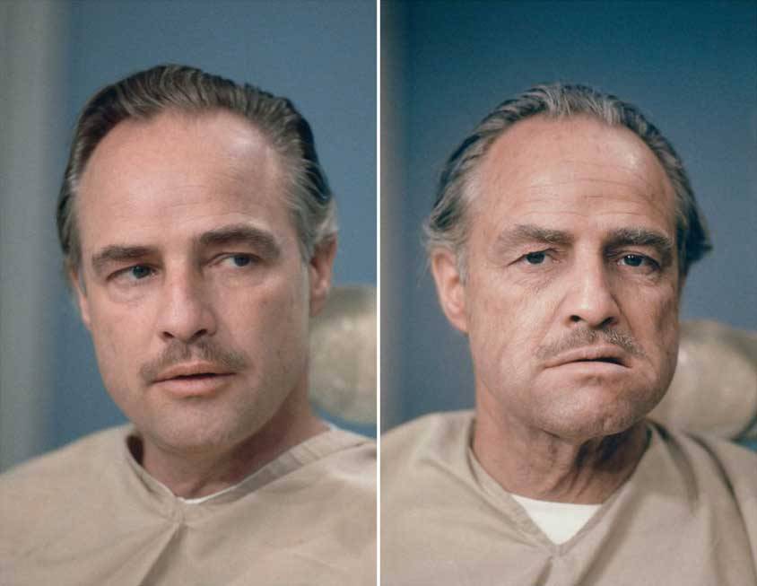 paxmachina:  Marlon Brando before and after getting his make up done to be Don Vito