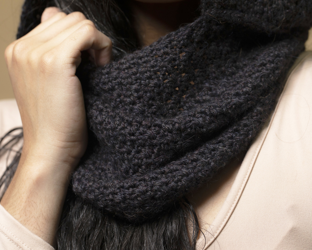 Winter scarf. Hand knit in one piece soft infinity shoulder wrap adornment with multiple stitch and color textures